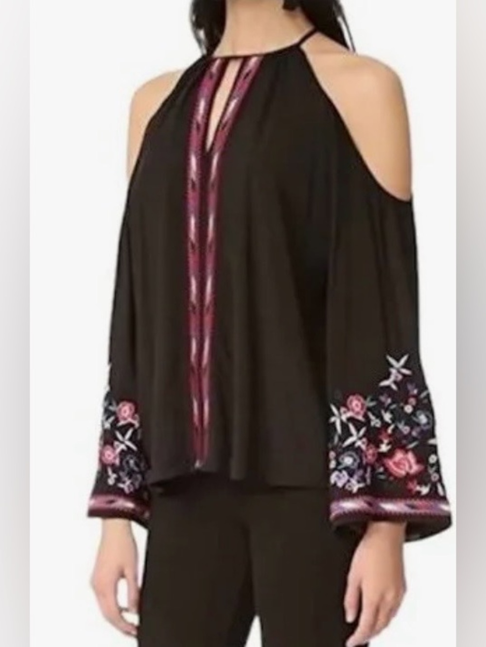 PARKER Adelise  Open-Shoulder Black Top W/Embroidered accents. Size S Pre-Loved